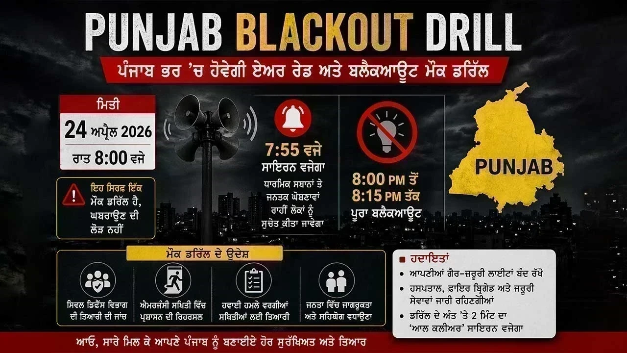 Punjab Blackout Drill: ਪੰਜਾਬ ਭਰ ‘ਚ 24 ਅਪ੍ਰੈਲ ਨੂੰ ਰਾਤ 8 ਵਜੇ ਹੋਵੇਗੀ ‘ਏਅਰ ਰੇਡ’ ਤੇ ‘ਬਲੈਕਆਊਟ’ ਮੌਕ ਡਰਿੱਲ