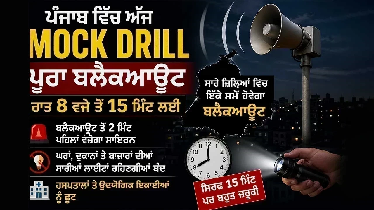 Punjab Blackout Mock Drill: ਅੱਜ ਰਾਤ 8 ਵਜੇ 15 ਮਿੰਟ ਲਈ ਪੂਰਾ ਬਲੈਕਆਊਟ, ਸਾਇਰਨ ਨਾਲ ਹੋਵੇਗੀ ਸ਼ੁਰੂਆਤ