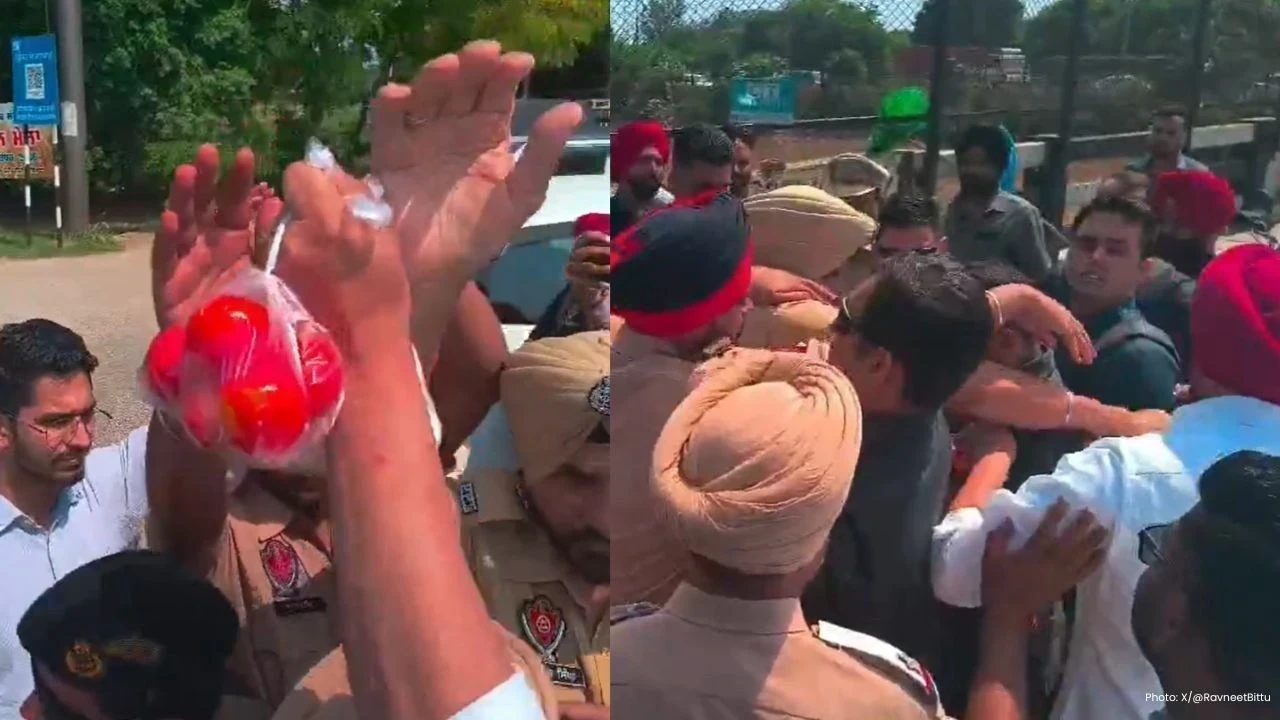 PAU Gate 8 ’ਤੇ CM Mann ਦੇ ਆਉਣ ਤੋਂ ਪਹਿਲਾਂ Bittu ਦਾ ਪ੍ਰਦਰਸ਼ਨ, ਸ਼ਰਾਬ ਦੀ ਬੋਤਲ-ਟਮਾਟਰ ਲੈ ਕੇ ਪਹੁੰਚੇ
