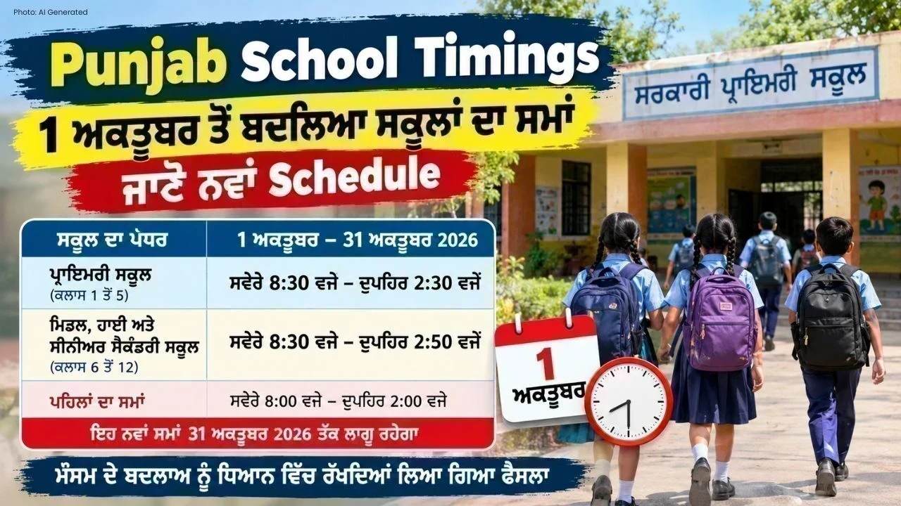 1 ਅਕਤੂਬਰ ਤੋਂ ਬਦਲਣਗੇ Punjab School Timings, ਜਾਣੋ ਨਵਾਂ ਸਮਾਂ